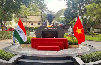 Offering garland to the bust of Mahatma Gandhi at Tao Dan Park in Ho Chi Minh City in the celebration Gandhi Jayanti